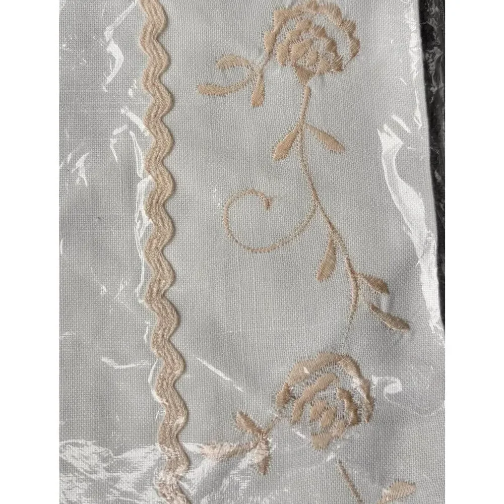 Vintage New White Hand Embroidery  Linen Table Runner Dresser Scarf 16x36 Floral